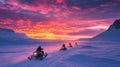 Arctic adventure snowmobile ride at sunset Royalty Free Stock Photo