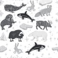 arctic animals nature wild world cold north cute cartoon ice snowflake polar bear muskox sperm whale scribe hand drawn Royalty Free Stock Photo