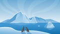 Arctic Antarctic landscape, cartoon marine life natural scene with iceberg, ice glacier and penguins