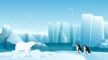Arctic and Antarctic landscape, cute polar bear and penguins in winter icy scenery