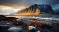 Arctic Beachside: Majestic Sunrise At A Coast Surrounded By Mountains