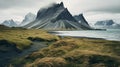 Arctic Coastal Landscape: Rock Mountains And Grass In Dimitry Roulland Style