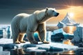 Arctic Crisis Unveiled: Melting Glacier Calving into the Arctic Ocean - Polar Bear on a Shrinking Ice Floe, Gazing Toward the