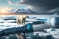 Arctic Crisis Unveiled: Melting Glacier Calving into the Arctic Ocean - Polar Bear on a Shrinking Ice Floe, Gazing Toward the