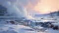 Arctic Eruption: A Majestic Geyser Unleashing Thermal Splendor Amid Snow