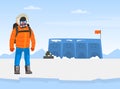 Arctic exploration and polar expedition. Male explorer in warm winter outfit at research station vector illustration