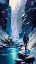 Arctic Explorer Walks Along a Snowy Canyon