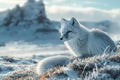 Arctic fox blend photorealistic cinematic shot of white fox camouflaged in snowy landscape