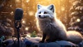 Arctic fox singing into microphone under warm light Royalty Free Stock Photo