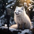Arctic fox singing in snowy forest with microphone Royalty Free Stock Photo