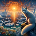 Arctic fox sitting in the midnight sun, at summer, whimsical wild place, flower, sky and clouds, bold painting, surrealism