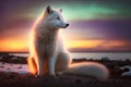 Arctic Fox sitting in arctic sunset, aurora borealis Royalty Free Stock Photo