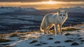 Arctic Fox Standing on Snowy Hillside at Golden Hour in the Mountains Royalty Free Stock Photo