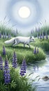 Arctic fox walks through a field of lupines under a full moon Royalty Free Stock Photo