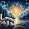 Arctic fox through a whimsical wild place, in the midnight sun, summer, flower, lake view, river, animal, bold painting
