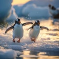 Arctic fun penguins joyfully sliding on the icy surface