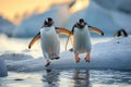 Arctic fun penguins joyfully sliding on the icy surface