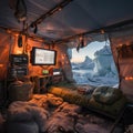 Arctic Getaway: Cozy Camping with a Room and TV in the Snow Royalty Free Stock Photo
