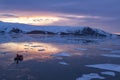 Arctic Glow reflecting in Whalers Bay, Deception Island, Antarctica with Zodiac Royalty Free Stock Photo