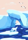 Arctic ice landscape flat vector illustration. Melting glaciers. Iceberg, snow mountains hills, winter nature beauty Royalty Free Stock Photo