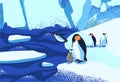 Arctic ice landscape flat vector illustration. Penguins family standing on ice floe. Melting glaciers. Iceberg, snow Royalty Free Stock Photo