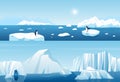 Arctic ice winter landscape scene of North, penguin floating on white snow iceberg