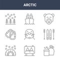 9 arctic icons pack. trendy arctic icons on white background. thin outline line icons such as canteen, skis, boat . arctic icon