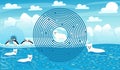 Arctic landscape and circle maze for kids with cute polar bears, puffins characters and ingloo, help to find right way Royalty Free Stock Photo