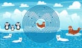 Arctic landscape and circle maze for kids with cute polar bears, seals and penguins characters and ingloo Royalty Free Stock Photo