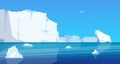 Arctic landscape. Glaciers and icebergs in blue frozen ocean, cartoon ice mountains and melting ice. Vector North pole