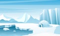 Arctic landscape with ice igloo flat vector illustration. House, hut built of snow. Ice mountains peaks. Eskimo people Royalty Free Stock Photo