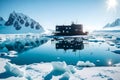 An arctic landscape with a quaint research station, surrounded by snowy mountains