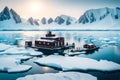 An arctic landscape with a quaint research station, surrounded by snowy mountains