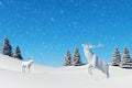 Arctic landscape scene, snow falling on reindeer in snowfield in winter season and Christmas day