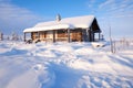 arctic log cabin covered by drifting snow