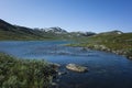 Arctic nature of Scandinavia in warm summer sunny day with blue sky. Mountain lake Allagasjavri Royalty Free Stock Photo