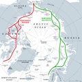 Arctic Ocean sea routes, Arctic shipping routes, gray political map