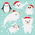 Arctic polar animal set in red Santa hat. White bear, owl, penguin, Seal pup baby harp hare rabbit narwhal unicorn-fish. Kids Royalty Free Stock Photo