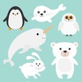 Arctic polar animal set. White bear, owl, penguin, Seal pup baby harp, hare, rabbit, narwhal, unicorn-fish. Kids education cards. Royalty Free Stock Photo