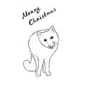 Arctic polar fox with Merry Christmas letters. Hand drawing sketch. Black outline on white background. Vector Royalty Free Stock Photo