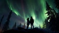 Arctic Reverie: Silhouetted Couple Enchanted by Northern Lights\' Midnight Dance