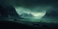 Arctic seascape with snow on mountain slopes. Strong Northern lights behind clouds casting green hue in the landscape