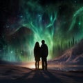 Arctic Serenity: Couple Enchanted by Northern Lights in Snowy Wilderness