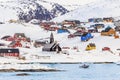 Arctic settlement with colorful Inuit houses on the rocky hills