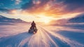 Arctic snowmobile adventure at sunset Royalty Free Stock Photo