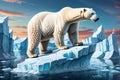 Arctic Solitude: Polar Bear Balancing on a Shrinking Ice Cap in the Middle of the Arctic Ocean - Backdrop of Melting Glacier