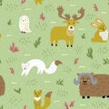 Arctic summer nature and animals. Cute childish characters. Vector seamless pattern. Template for fabric, wallpaper