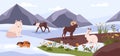Arctic tundra wild animals and plants on nature landscape with mountains vector illustration, Northern taiga flora fauna