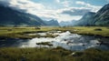 Arctic Wetland A Stunning Water Stream On A Meadow With Majestic Mountains