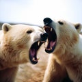 In Arctic wilderness, two polar bears fiercely battle each other.